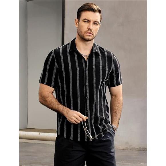 Mens Summer Striped Shirts Button Down Short Sleeve Vintage Beach - Picture 3 of 7